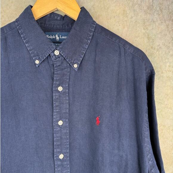 VTG 90s Polo Ralph Lauren 100% Linen Shirt Mens Sz L Navy Blue Blake Shirt - Picture 3 of 7